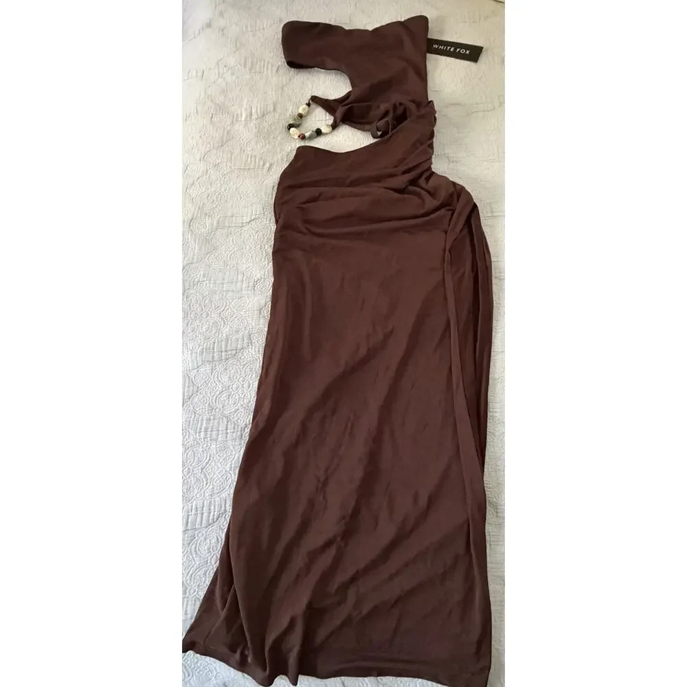 White Fox She's A Goddess Maxi Dress Chocolate Brown Sexy Cut Out Sz Small NWT - Picture 4 of 12